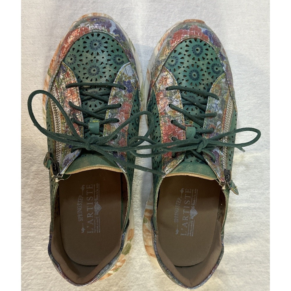 L'Artiste Spring Step Jazzie Lace Up Sneakers Boho Turquoise Floral‎ Women's 37